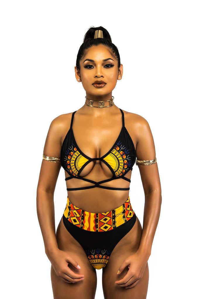 African Print Two-Pieces Bath Suits Bikini Set Sexy Geometric Swimwear Swimsuit Golden High Waist Swimming Suit - The Styky Shack