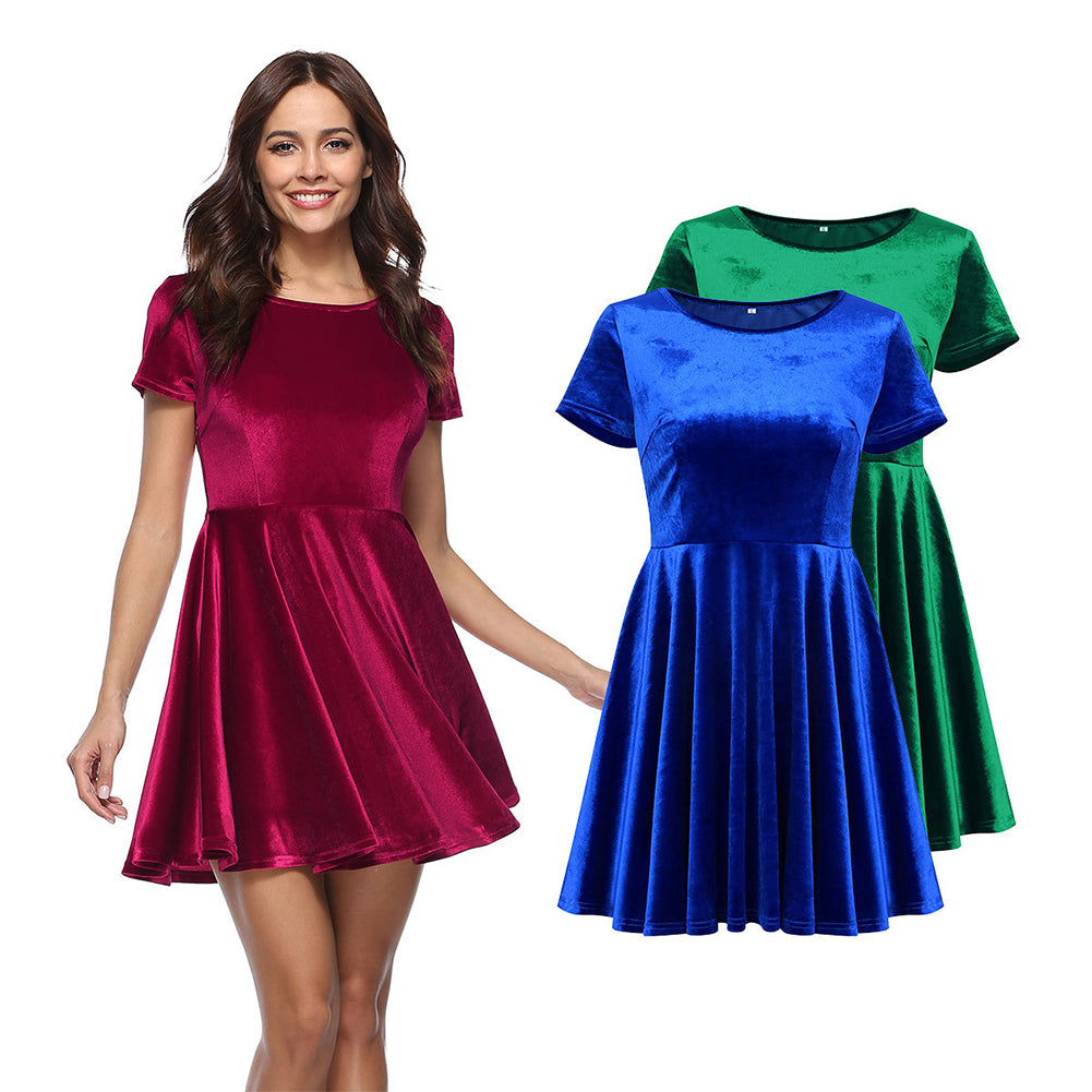 Fashion Women Short Sleeve Round Neck Solid Color Velvet Full-skirt Dress