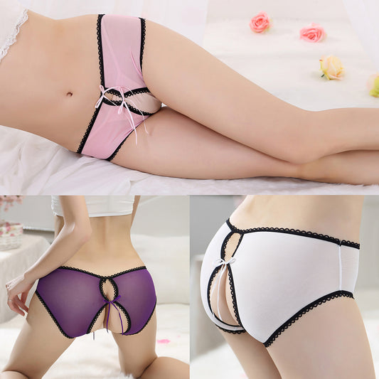 Sexy Adult Women Bow See-through Crotchless Panties Briefs G-string Underwear