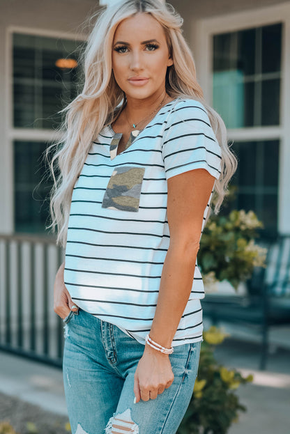 White Camo Pocket Striped T Shirt