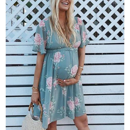 Women's Maternity Basic Above Knee Sheath Dress - Geometric White Light Blue L XL XXL
