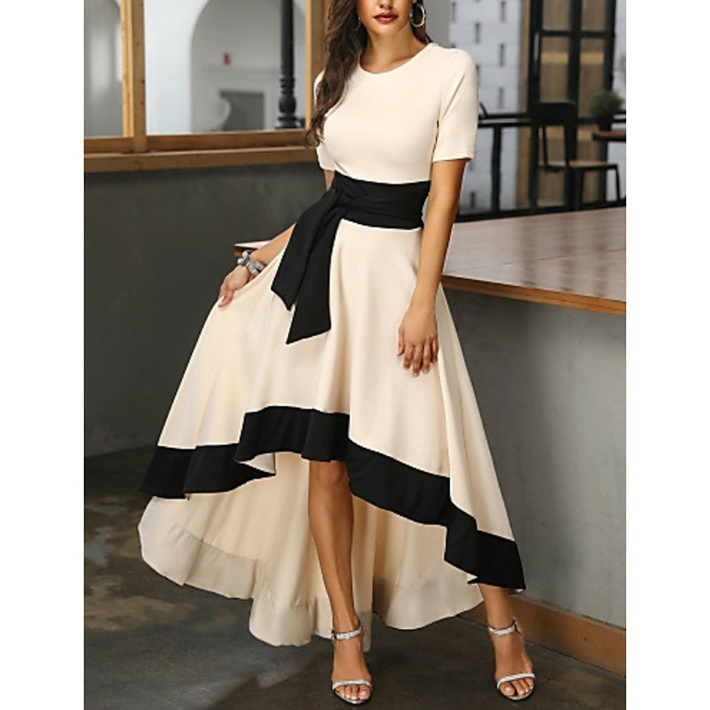 A-Line Jewel Neck Satin Short Sleeve "Mother of the Bride" Dress with Sash