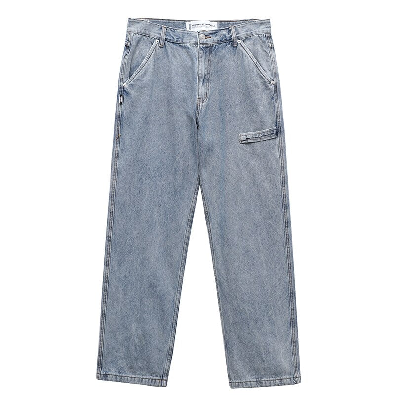 Washed Light Blue Vintage Jeans Mens Fashion Street Loose Straight Pants Old Denim Trousers Men Dad Jeans