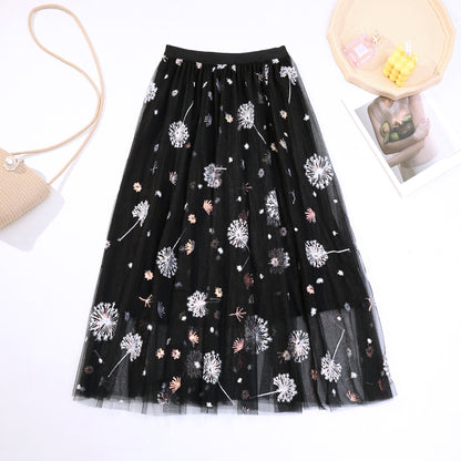 Pleated Tulle Skirt Dandelion Embroidered Long Skirt