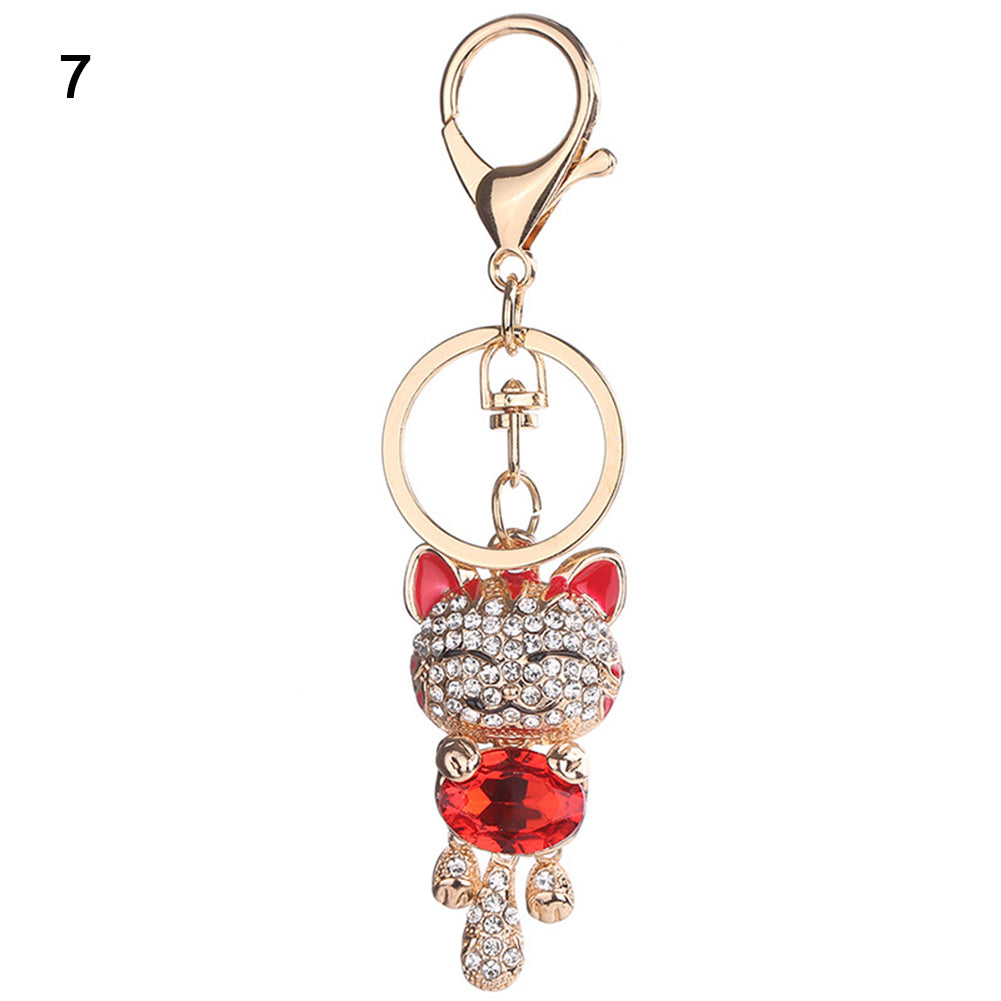 Women Lucky Cat Rhinestones Bag Hanging Keychain Key Ring Clasp Car Accessories