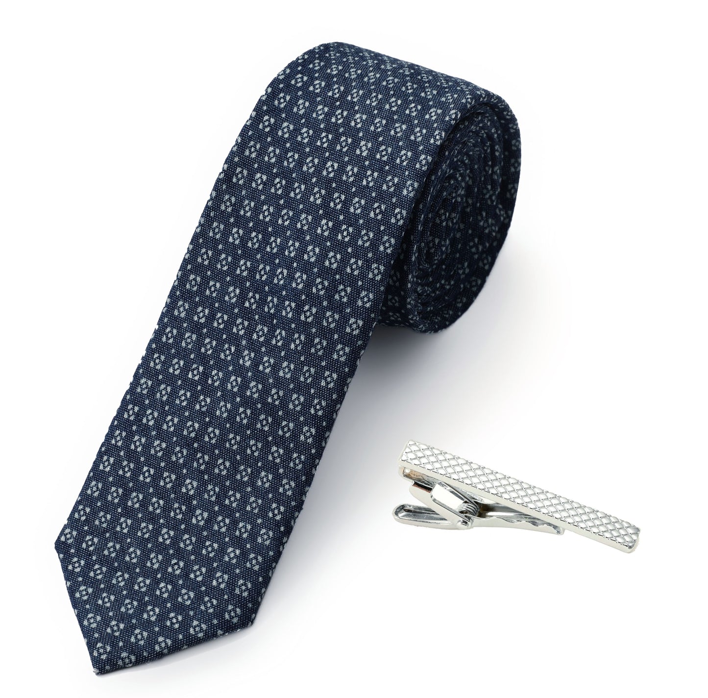 2.4 inch Chambray Skinny Cotton Blue Ties for Men  Summer Necktie  Royal Navy Blue Tie with one Tie Clip Gift Set - The Styky Shack