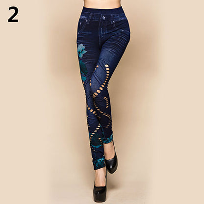 Women's Sexy Hollow Cut Elastic Pants Flower Print Skinny Jeans Denim Leggings