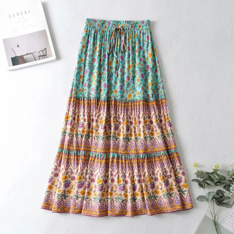 Printed Elastic High Waist Long Skirt