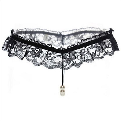 Women Sexy Faux Pearl Decor Crotch Thong Lace G-string Panties Underwear