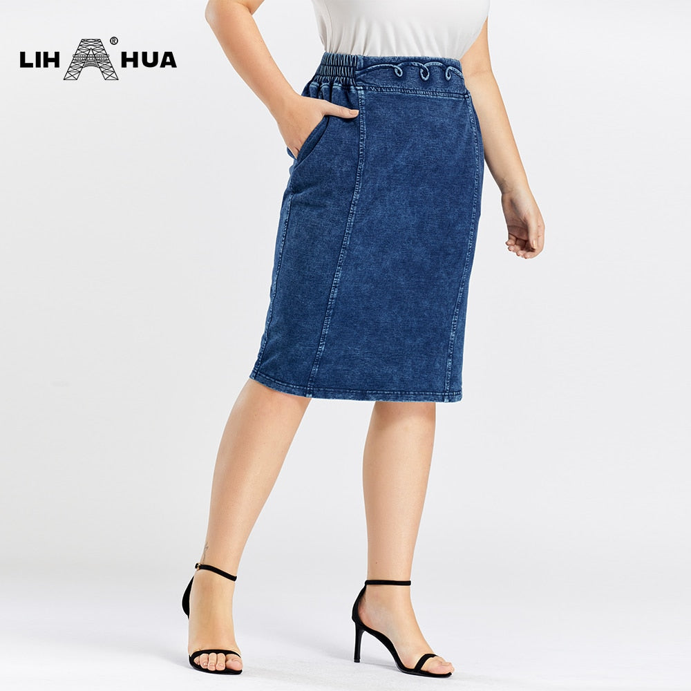 Plus Size Casual Denim Skirt High Flexibility Knitted Denim