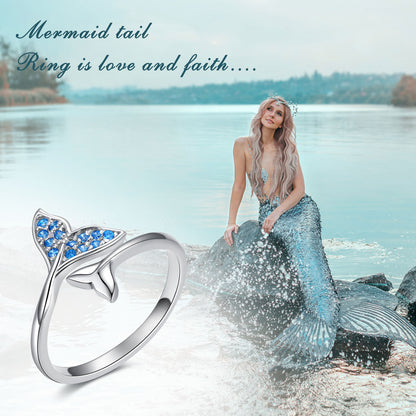 925 Sterling Silver Mermaid Tail With Blue Zircon Adjustable Open Rings