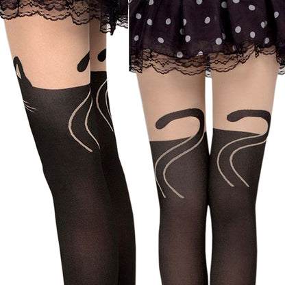 Women Sexy Cat Tail Knee High Hosiery Pantyhose Tattoo Leggings Tights