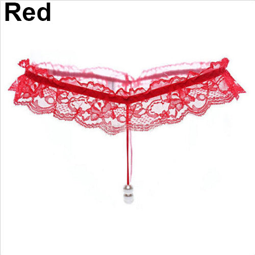 Women Sexy Faux Pearl Decor Crotch Thong Lace G-string Panties Underwear