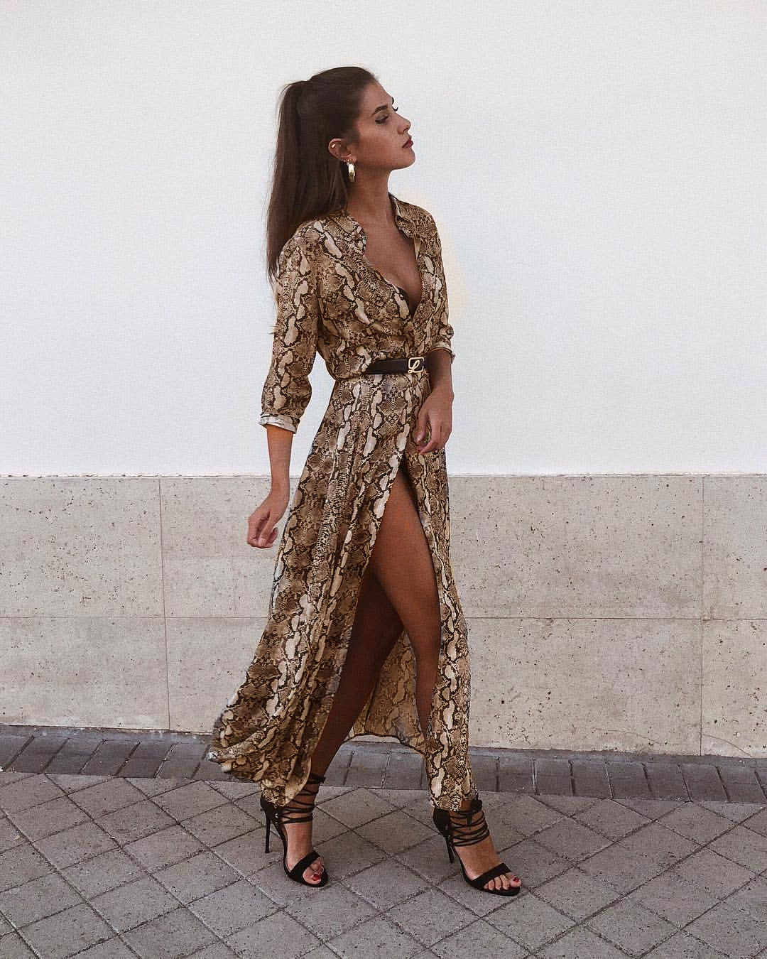 High Fashioned Snakeskin Pattern Long Dress w/ High Slit