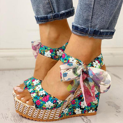 Sandalias de cuña con plataforma y lazo floral para mujer