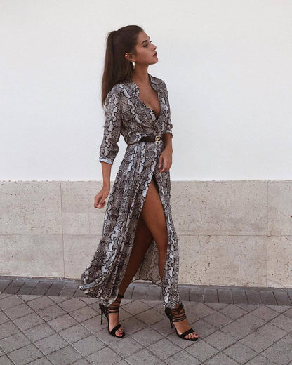 High Fashioned Snakeskin Pattern Long Dress w/ High Slit