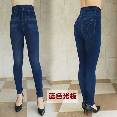 Women's Autumn Winter Jeans Plus Size Printing Imitation Denim Leggings High Waist Wear Stretch Plus Velvet Imitation Jeans Z136