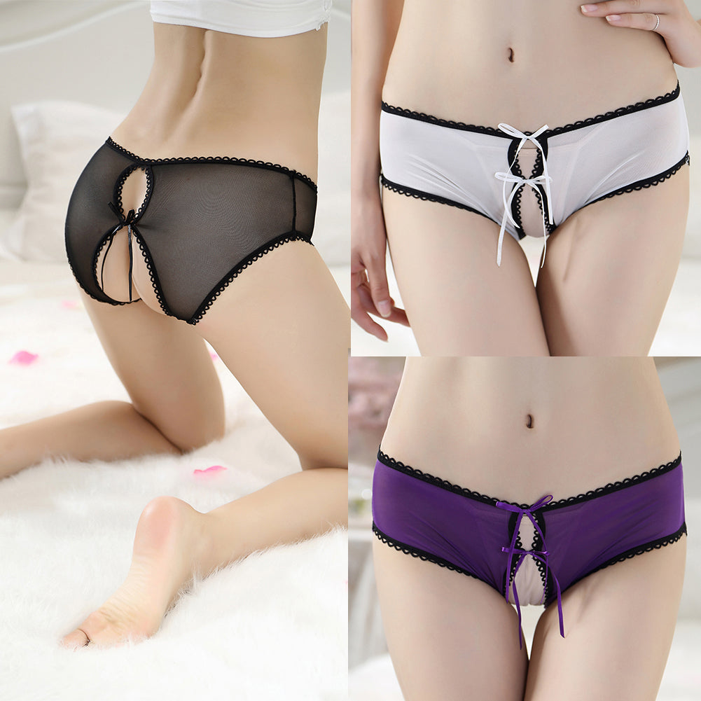 Sexy Adult Women Bow See-through Crotchless Panties Briefs G-string Underwear