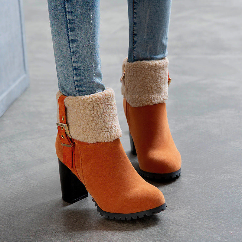 Warm high-heeled lamb wool snow boots