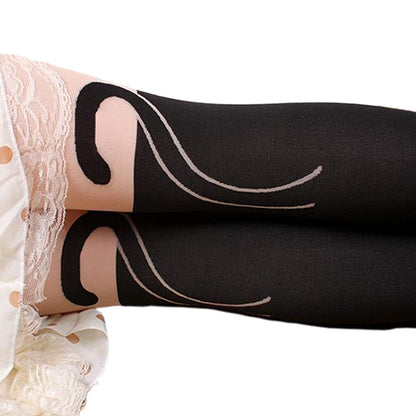 Women Sexy Cat Tail Knee High Hosiery Pantyhose Tattoo Leggings Tights