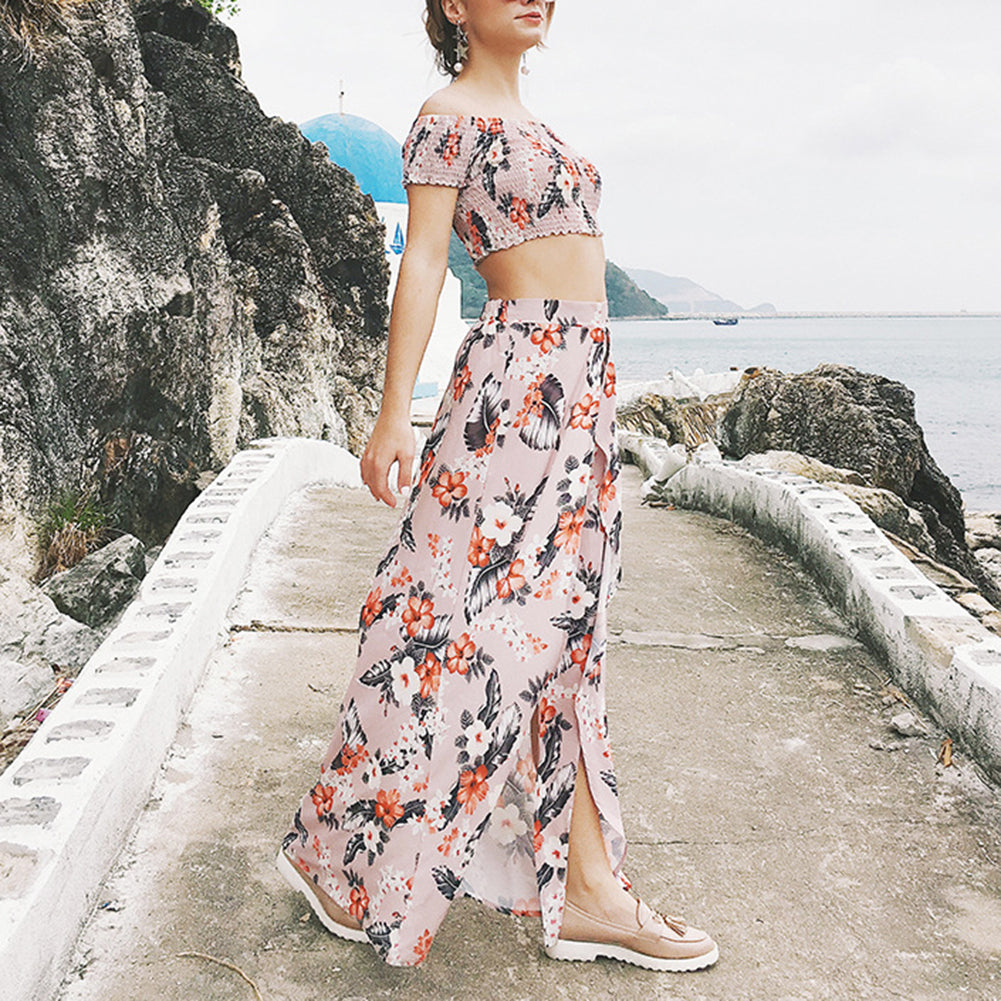 Conjunto de vestido de playa con Top corto y hombros descubiertos, falda con abertura larga y estampado Floral de verano para mujer