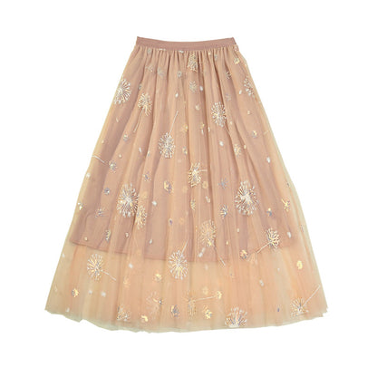 Pleated Tulle Skirt Dandelion Embroidered Long Skirt