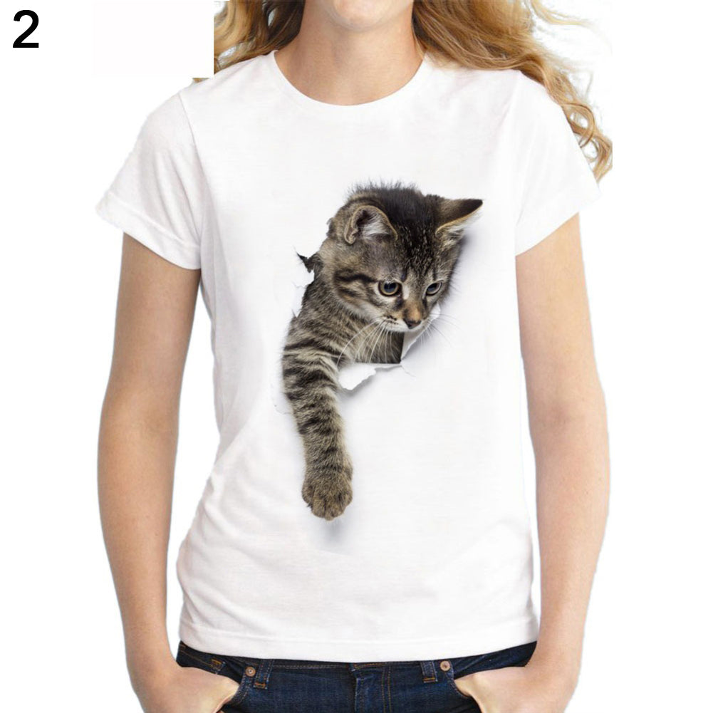 Camiseta informal de verano con estampado de gato en 3D, manga corta y cuello redondo para mujer