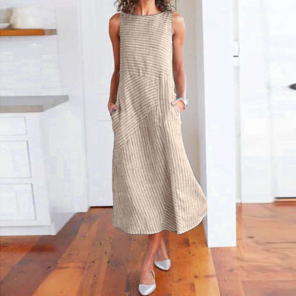 Casual Maxi Dress Sleeveless Linen Women Long Summer Dress Striped Cotton Baggy - The Styky Shack