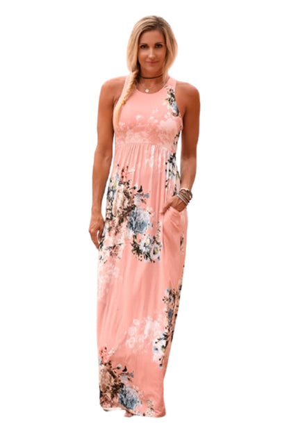 Pink Floral High Waist Maxi Dress