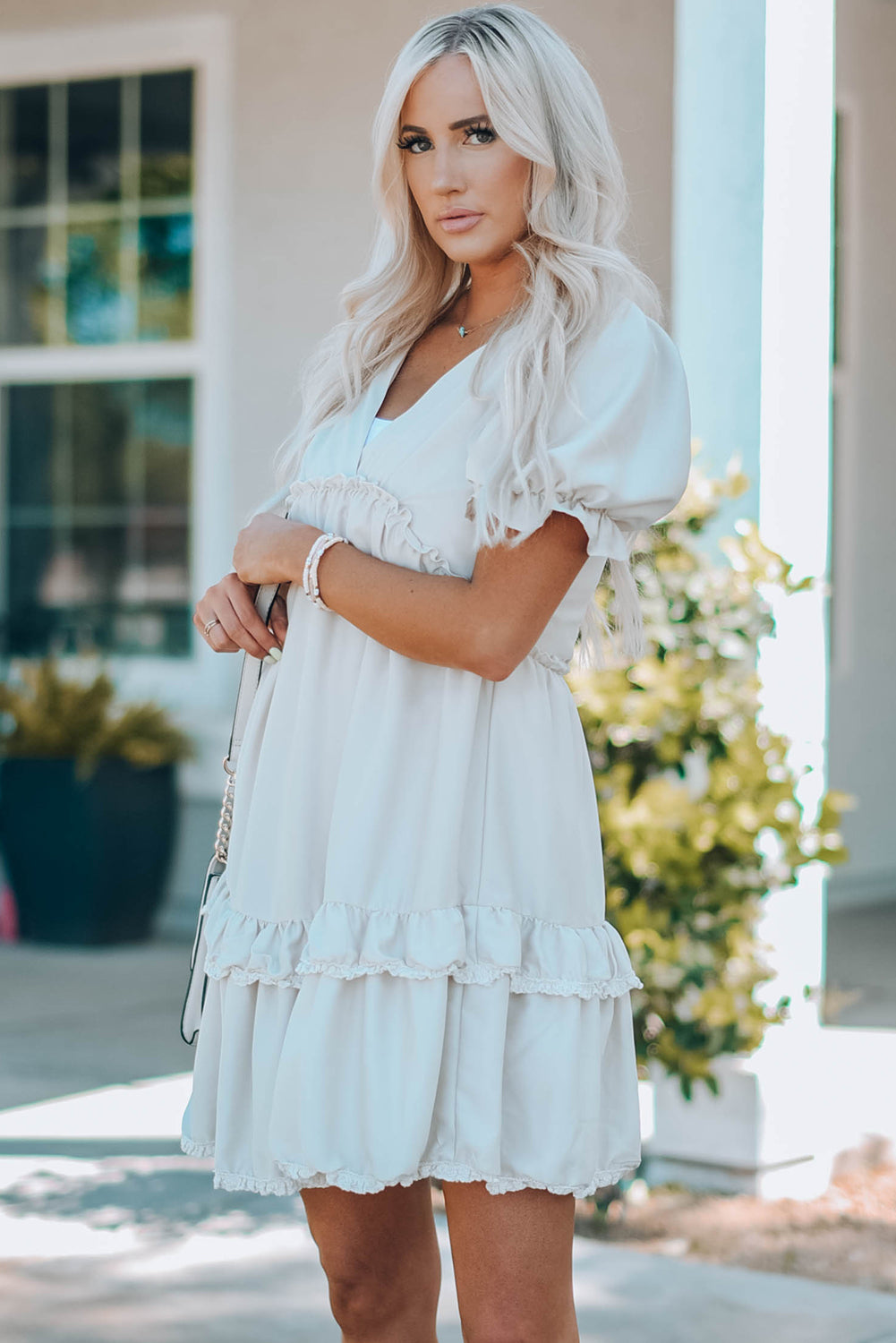 Apricot Tiered Ruffled Puff Sleeve V Neck Babydoll Dress