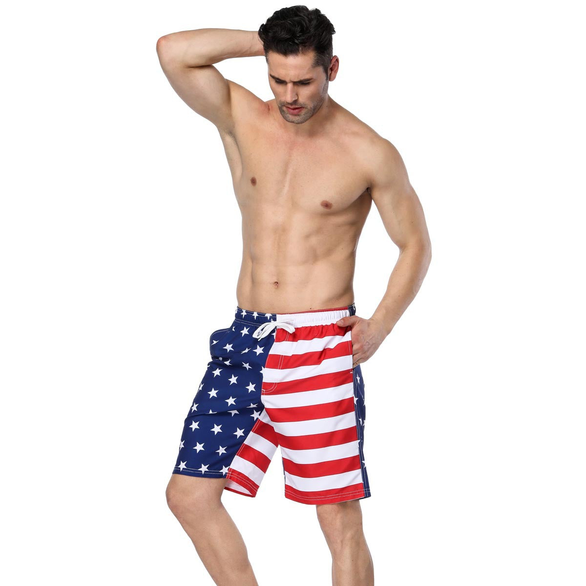 Asymmetric "Patriotic Man" Printed Beach Shorts