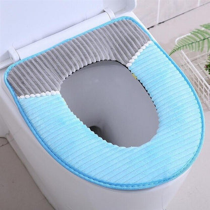 Funda para asiento de inodoro de baño, asiento de inodoro con hebilla adhesiva, rayas de pana gruesas, cojín para lavabo de baño impermeable y cálido para invierno