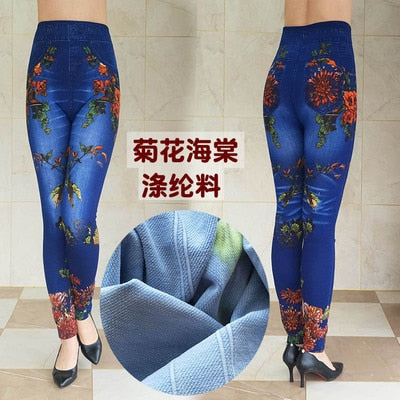 Women's Autumn Winter Jeans Plus Size Printing Imitation Denim Leggings High Waist Wear Stretch Plus Velvet Imitation Jeans Z136