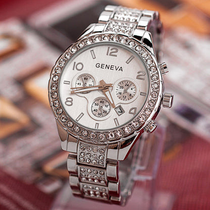 Women's Geneva Decorative Dials Stainless Steel Band Quartz Analog Wrist Watch