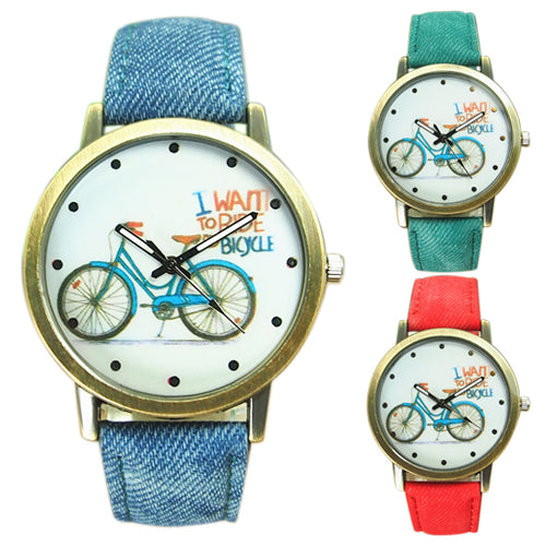 Women's Fashion Bike Bronze Jean Fabric Watchband Quartz Analog Wrist Watch