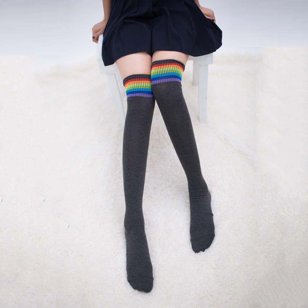 Women Girl Rainbow Stripe Tube Dress Over the Knee Thigh High Cosplay Socks