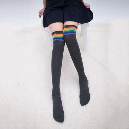 Women Girl Rainbow Stripe Tube Dress Over the Knee Thigh High Cosplay Socks