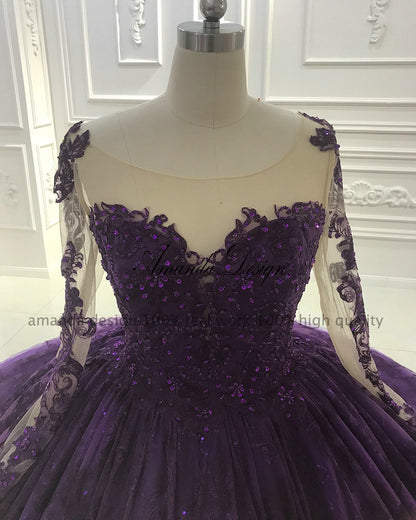 Amazing High-End  Purple Lace Long Train Bridal Dress