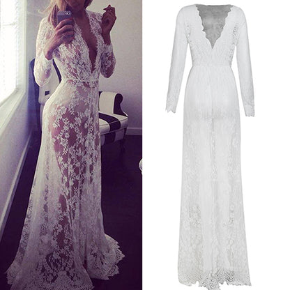 Women's Summer Sexy See Through Lace Deep V-Neck Long Sleeve Long Maxi Dress