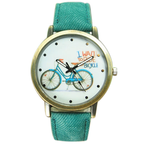 Reloj de pulsera analógico de cuarzo con correa de tela Jean de bronce para bicicleta a la moda para mujer