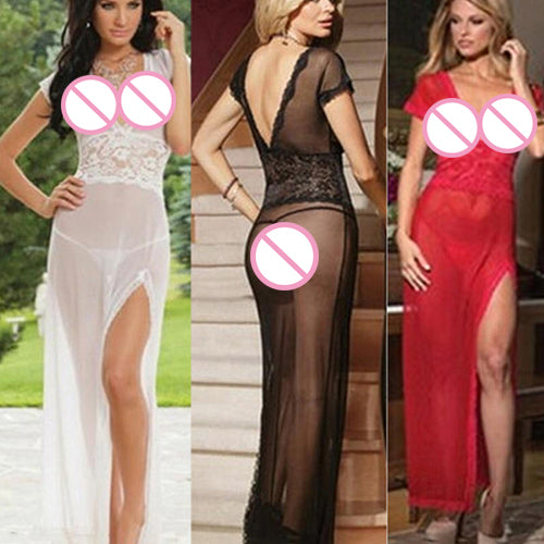 Lace See Through Deep V-Neck Side Split Sleepwear