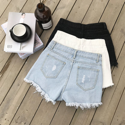 Beaded denim shorts with high waist