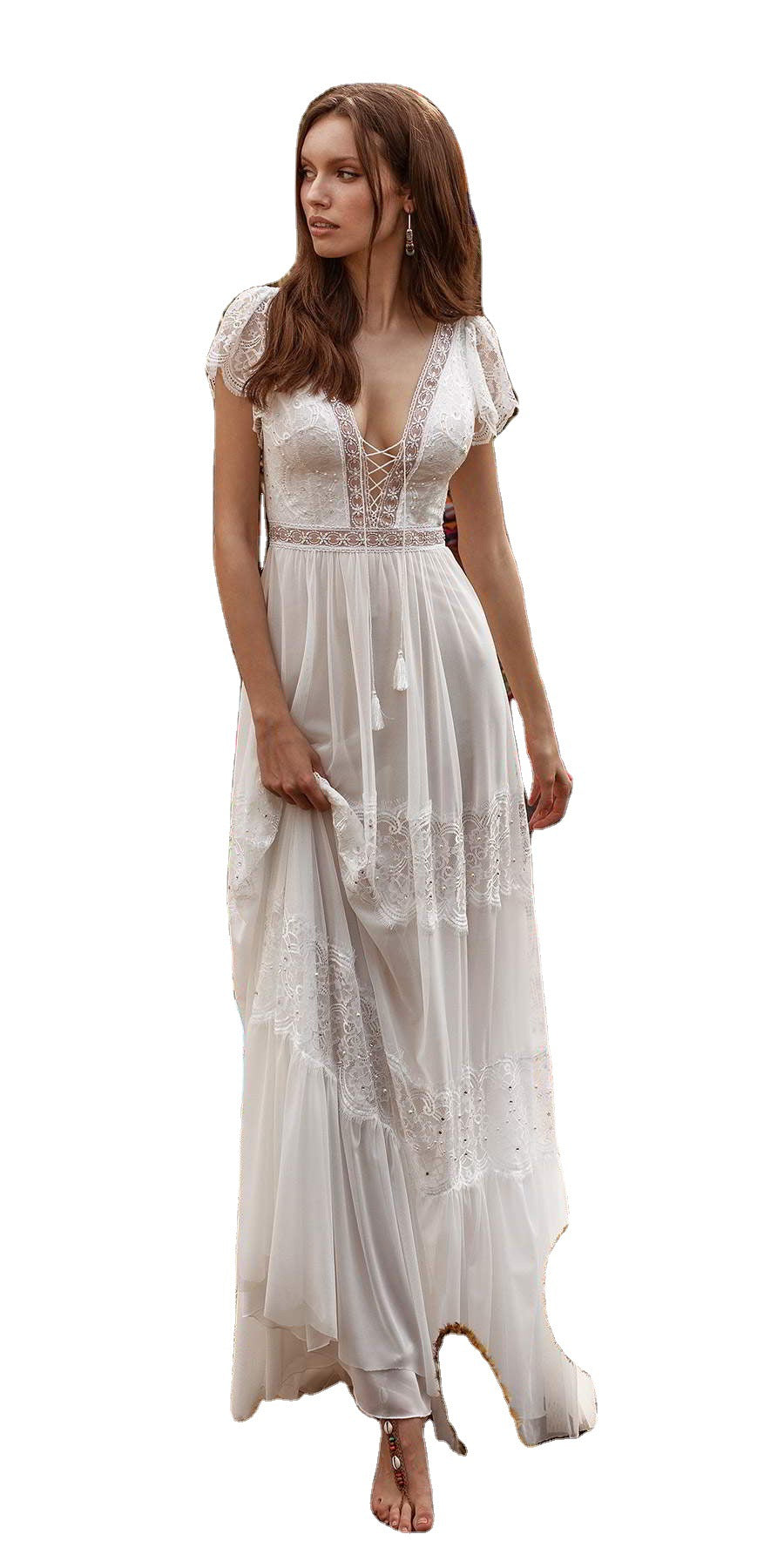 White Lace Fairy Styled Evening Gown Sexy Backless