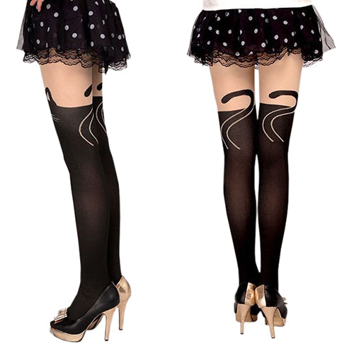 Women Sexy Cat Tail Knee High Hosiery Pantyhose Tattoo Leggings Tights