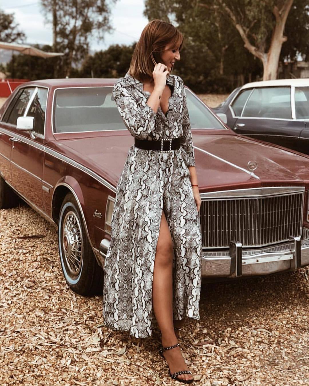 High Fashioned Snakeskin Pattern Long Dress w/ High Slit