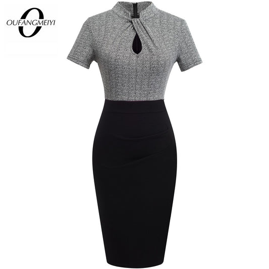 Elegant Work Office Business Drapped Contrasting Bodycon Slim Lady Women Sexy Front Key Hole Summer Pencil Dress EB430 - The Styky Shack