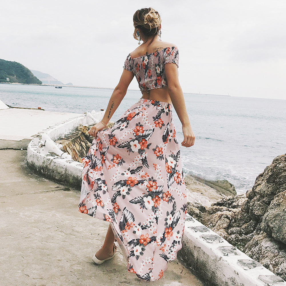 Women Floral Print Long Slit Skirt Off Shoulder Crop Top Dress Set