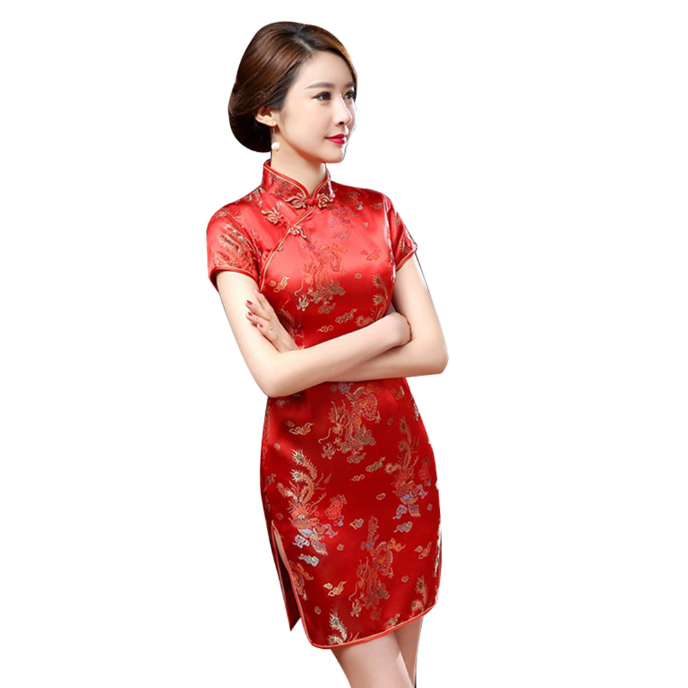 Women Chinese Dragon Phoenix Stand Collar Slim Cheongsam Dress