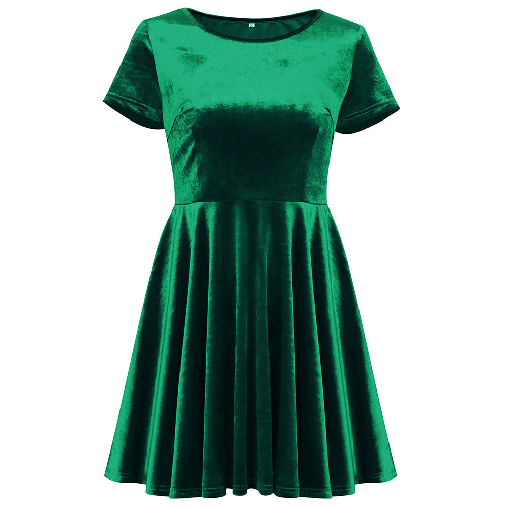 Fashion Women Short Sleeve Round Neck Solid Color Velvet Full-skirt Dress