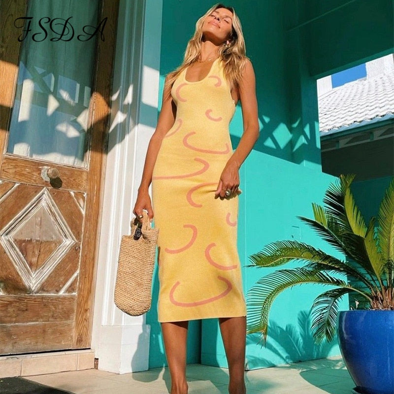 Knitted Bodycon Dress Women Y2K Halter Neck Summer Yellow Sleeveless Midi Backless Party Sexy Dresses - The Styky Shack